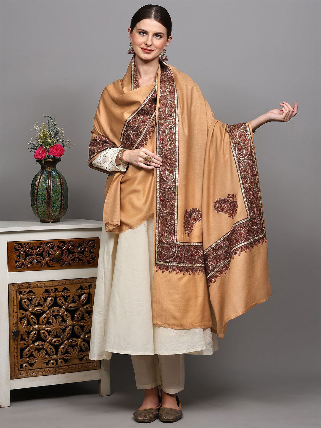 Exotic India Pure Wool Shawl With Thread Embroidered Border Paisley & Corner From Amritsar