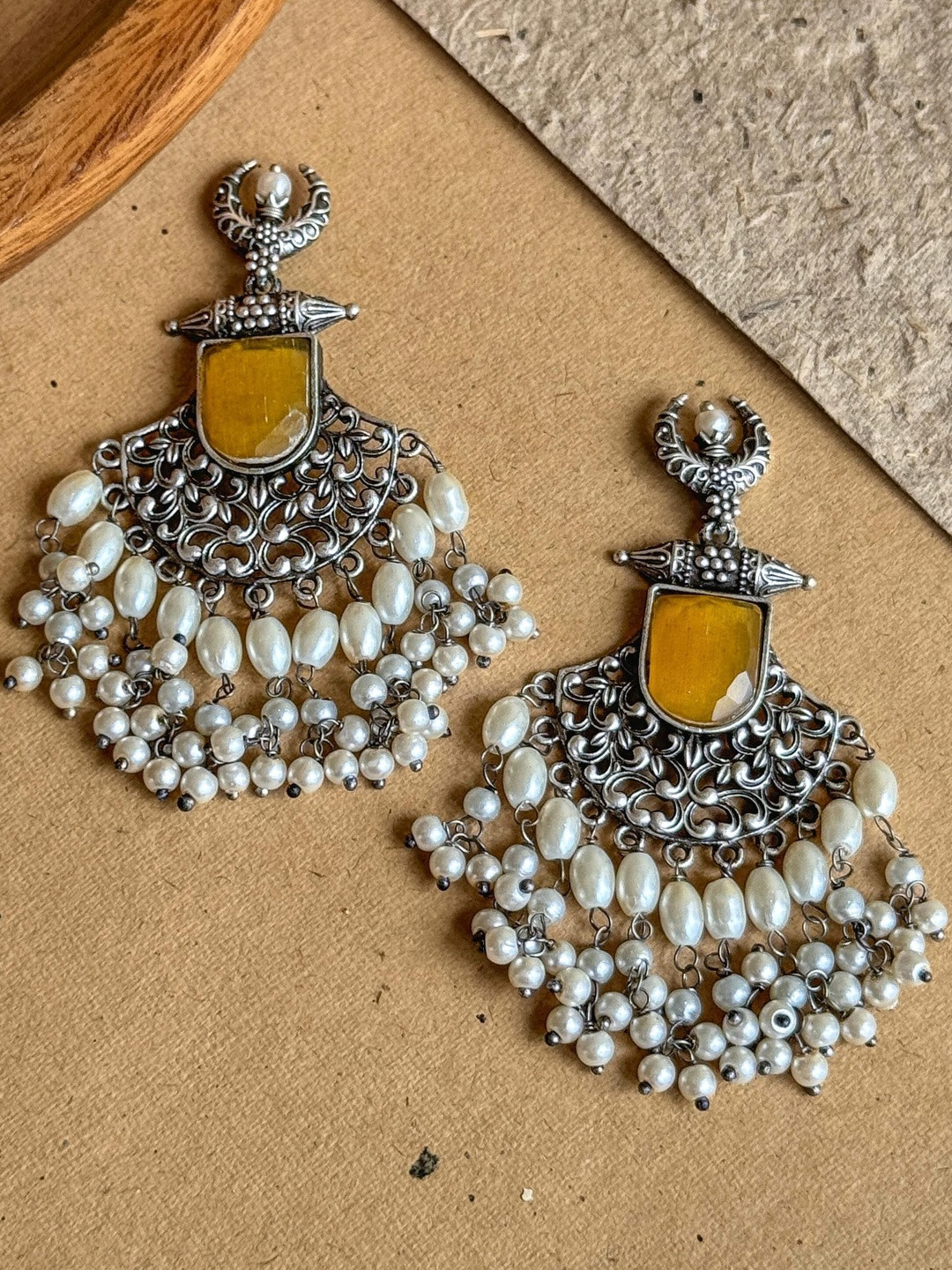 NAMAN ARTS Silver Plated Artificial Stones Studded and Beaded Contemporary Drop Earrings