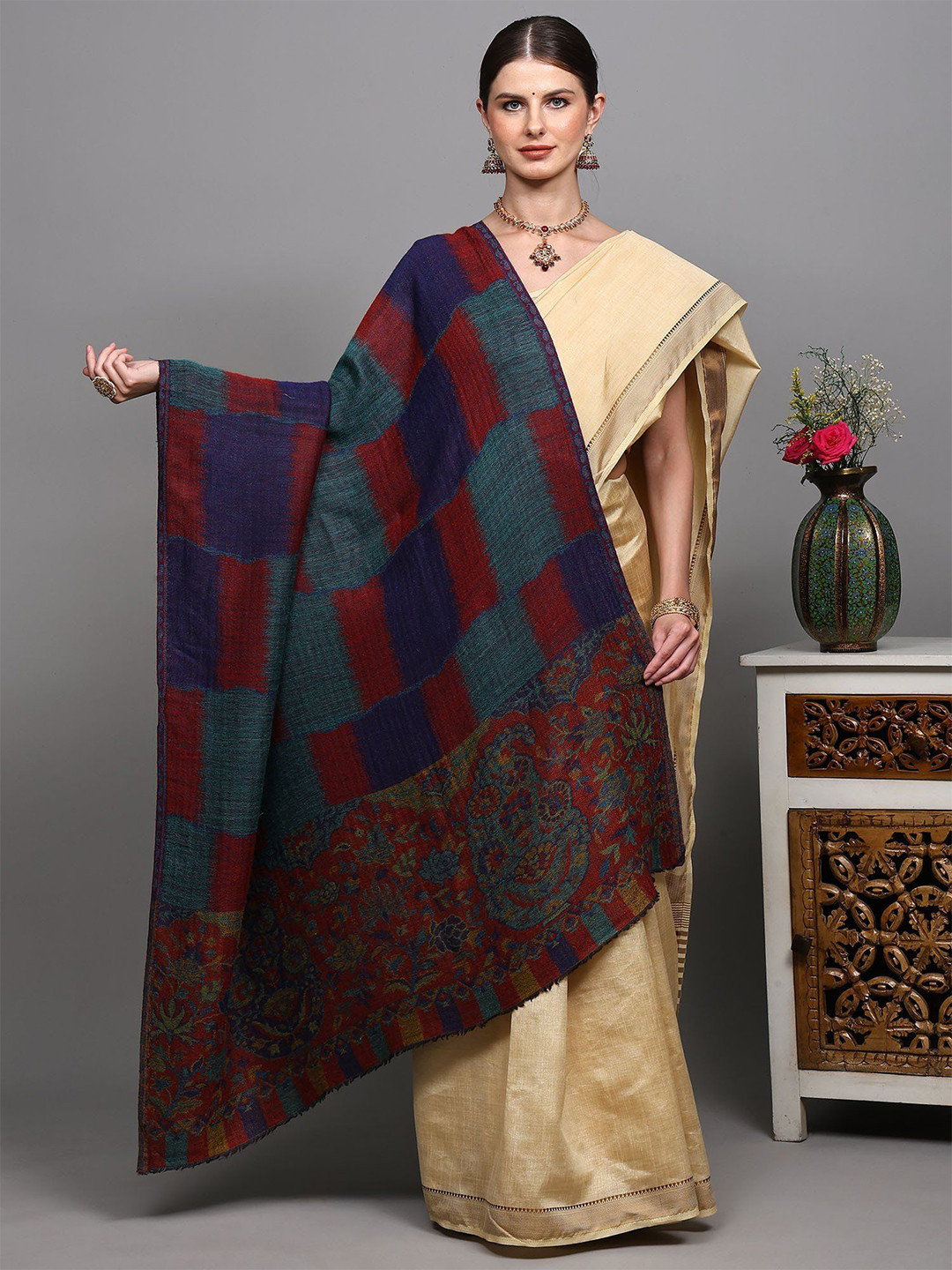 Exotic India Two Ply Reversible Ikat Shawl With Checks And Floral Palla From Amritsar
