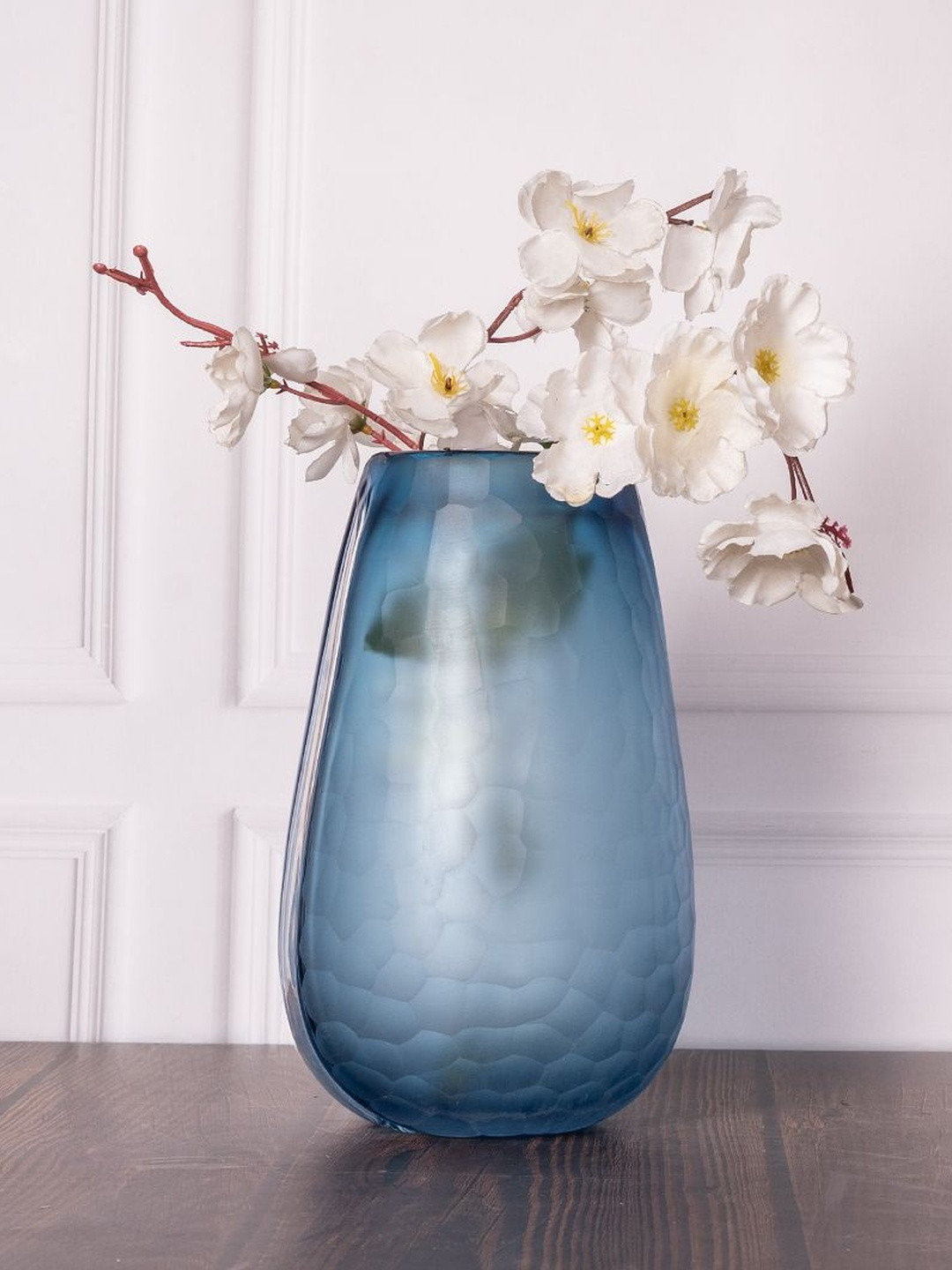 AARVI DECOR STUDIO Blue Textured Glass Flower Vase