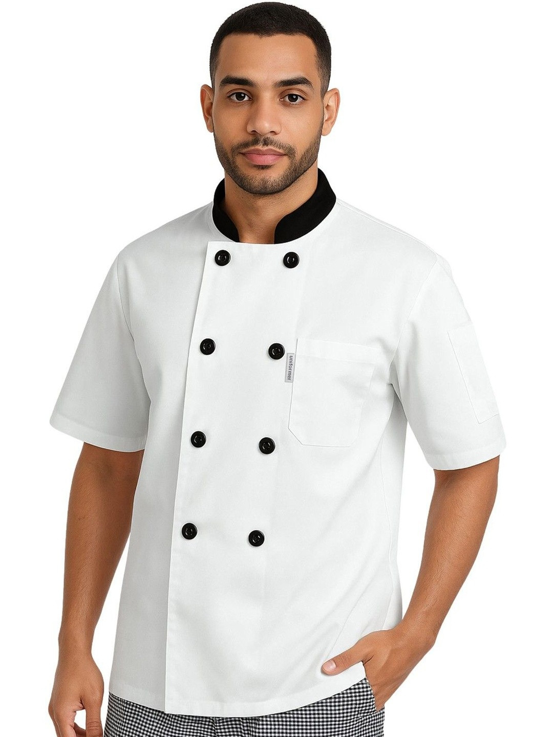 uniformer Men Solid Stand Collar Cotton Chef Overcoats
