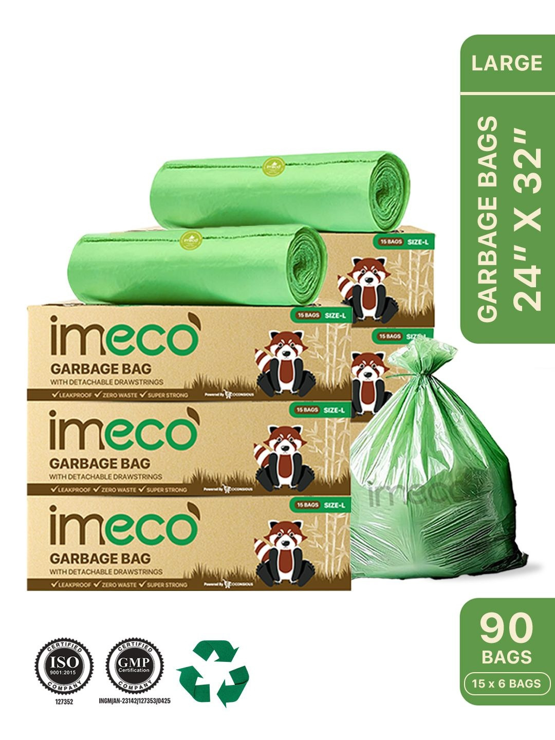 IMECO Pack of 6 Eco-Friendly Garbage Bags With Detachable Drawstrings