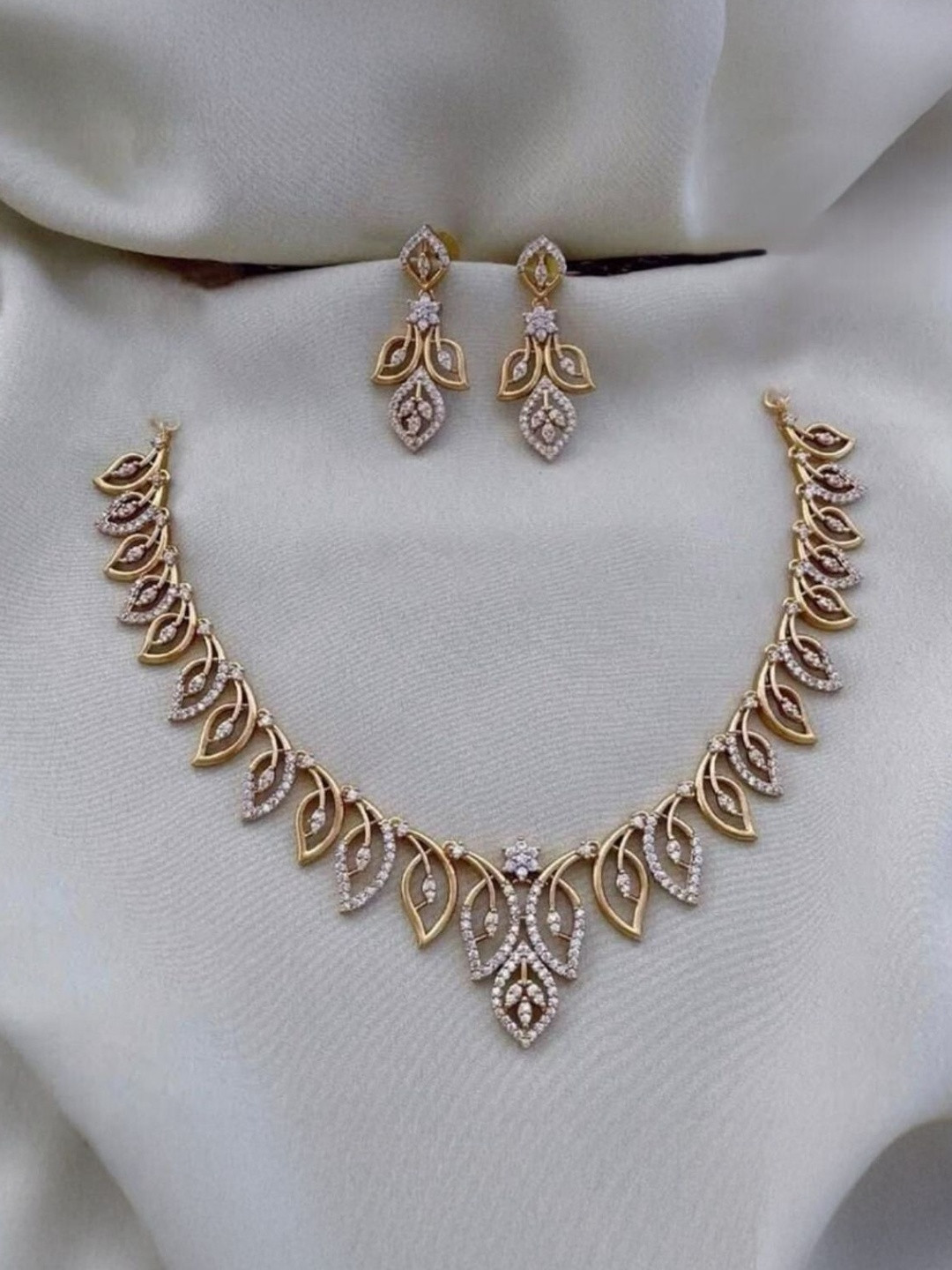 AAYPEE Gold-Plated American Diamond Studded Antique Necklace With Earrings