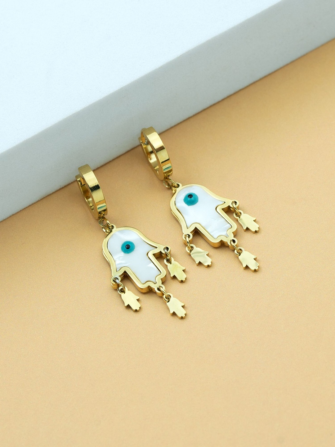 ARTKLIM Stainless Steel Gold Plated Enamelled Hamsa Hand Quirky Shaped Drop Earrings