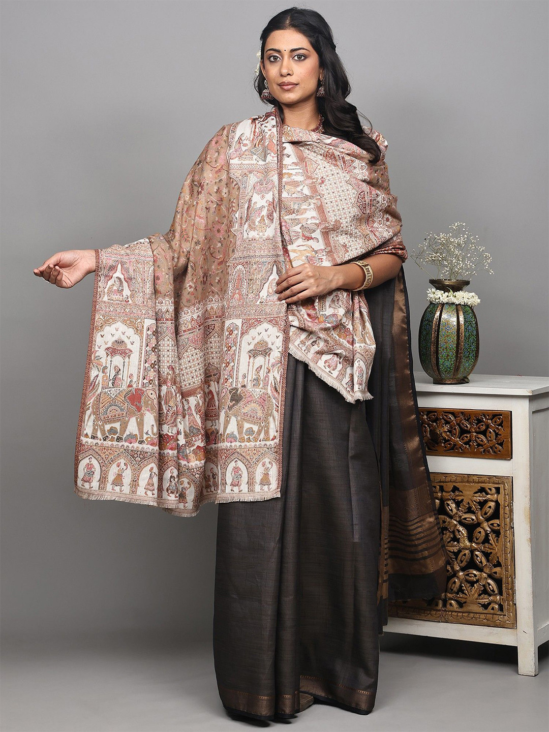 Exotic India Procession Of King and Birds Ethnic Motifs Woven Design Kani Shawl