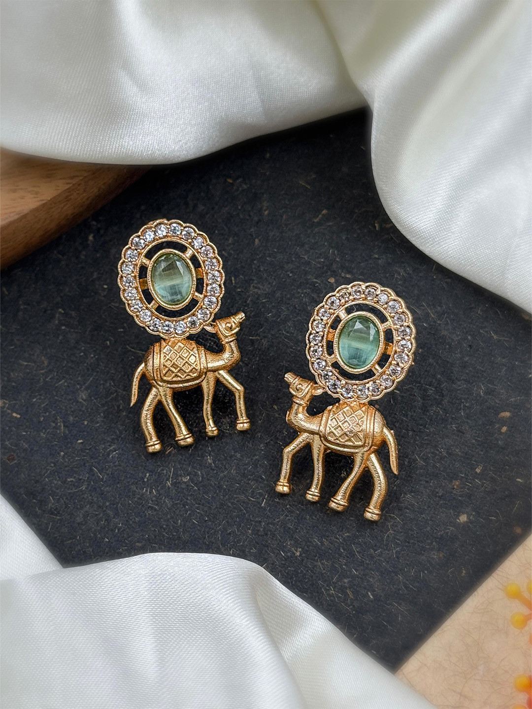 NAMAN ARTS Rose Gold-Plated Artificial Stones Studded Oxidised Contemporary Drop Earrings