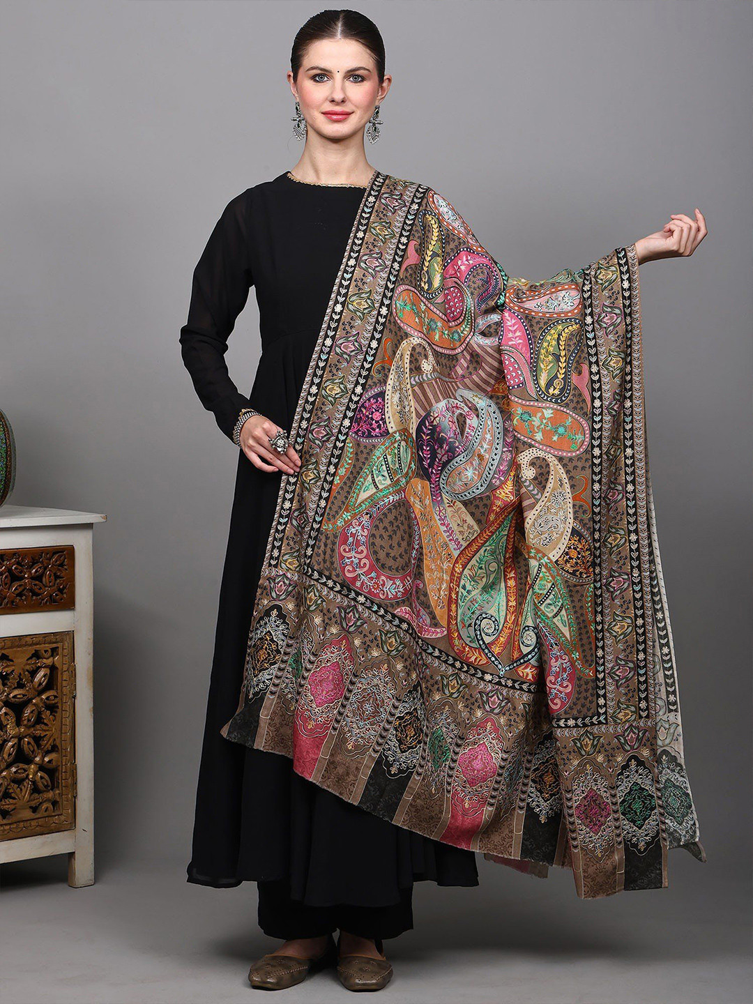 Exotic India Kalamkari Wool Silk Shawl With Aari Embroidery & Giant Paisley Motif