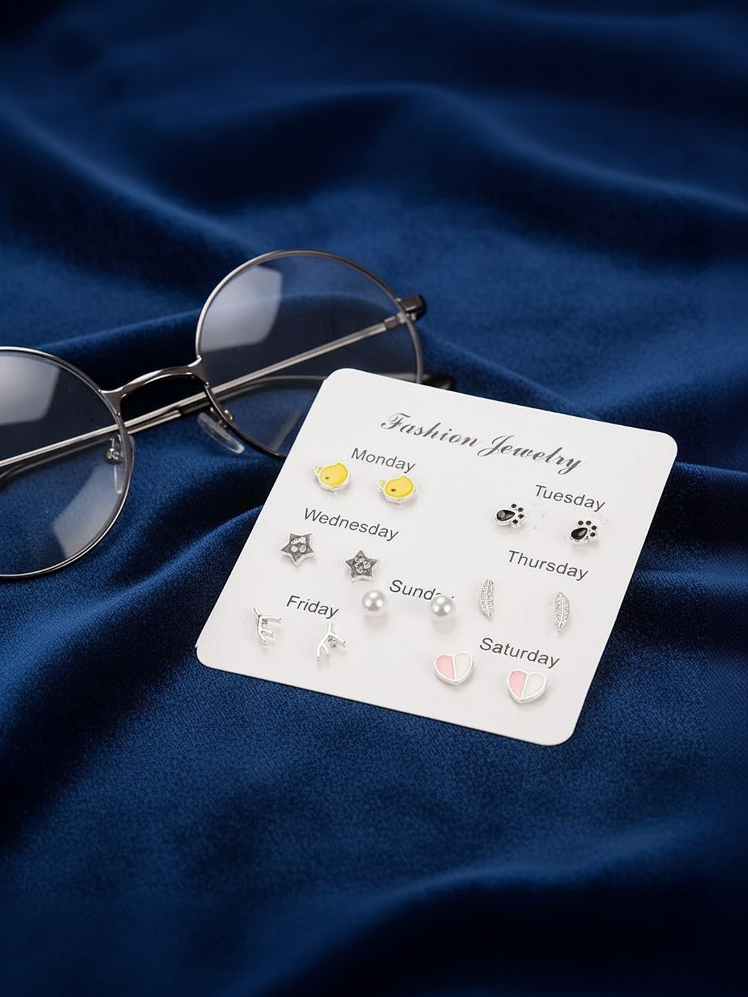 DressBerry Set Of 7 Silver-Plated Korean Quirky Shaped Studs