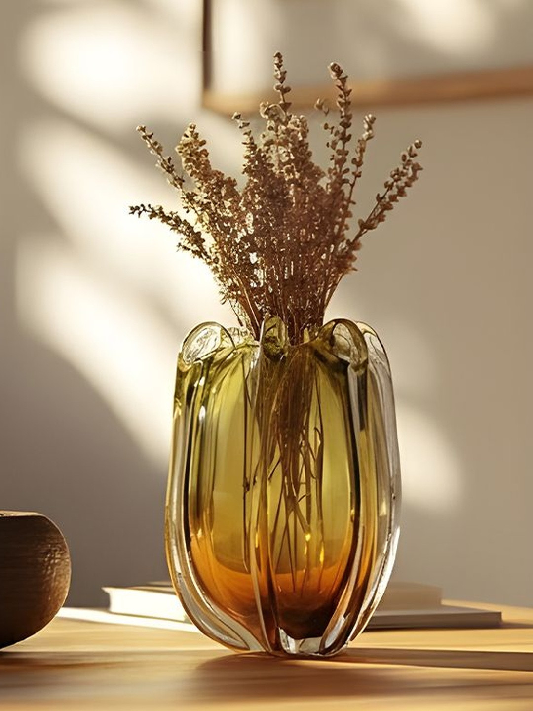 AARVI DECOR STUDIO Autumneadow Yellow & Green Textured Glass Flower Vase