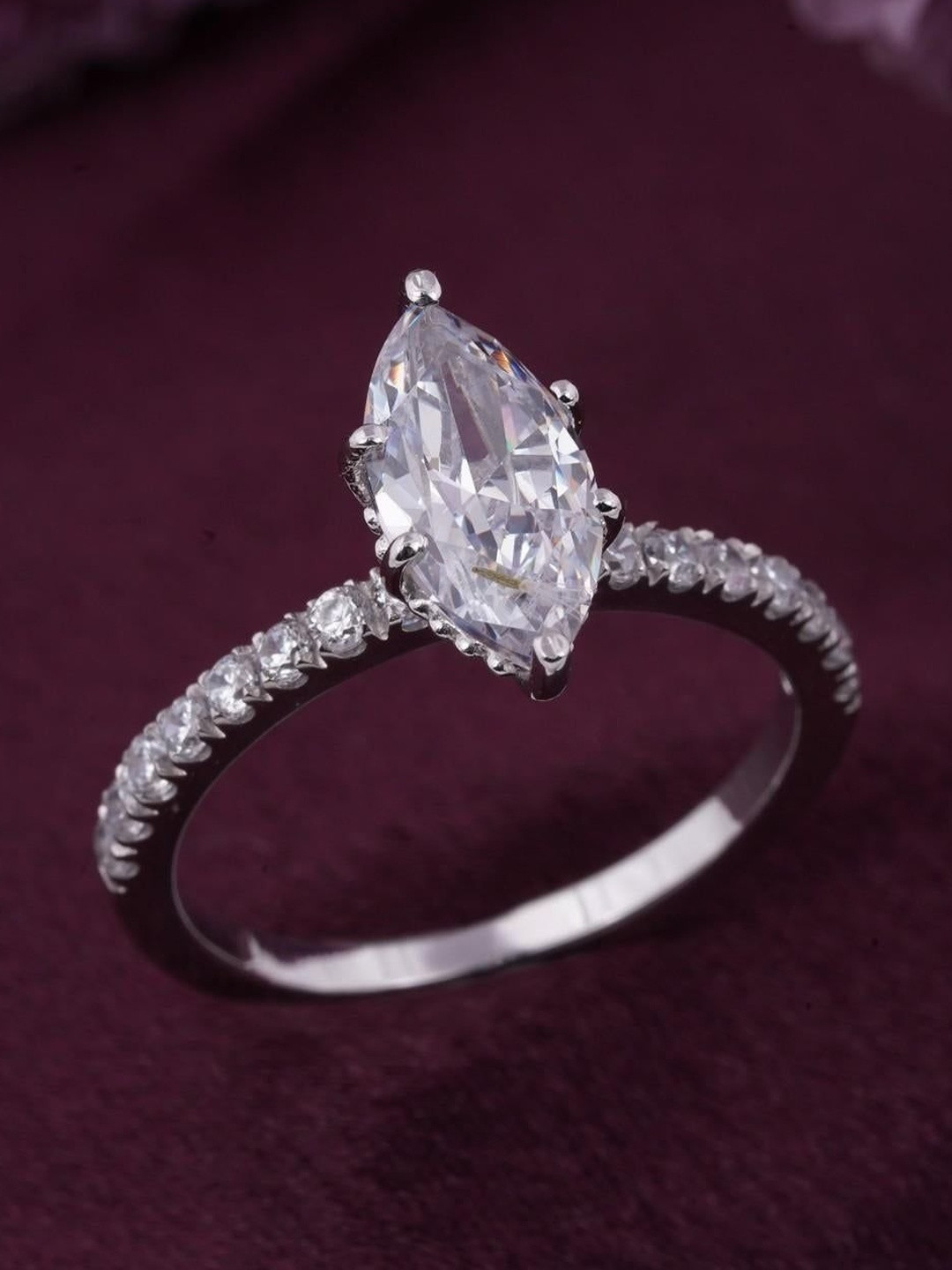 Zalkari Rhodium-Plated Marquise Stone-Studded Adjustable Finger Ring