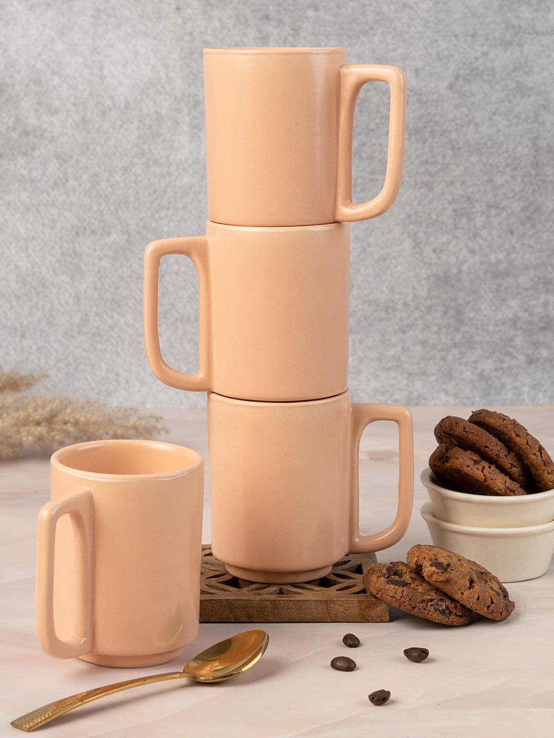 BODHI HOUSE Peach Ceramic Dishwasher and Microwave Safe 4 Pieces Mugs 240 Ml