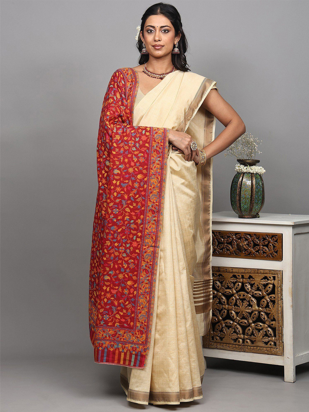 Exotic India Kani Jamawar Reversible Two Ply Shawl With Woven Floral Leaf Jaal & Paisleys