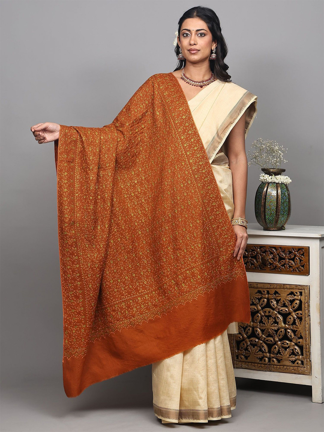 Exotic India Pure Wool Shawl From Kashmir With Jaaldar Sozni Embroidery By Hand