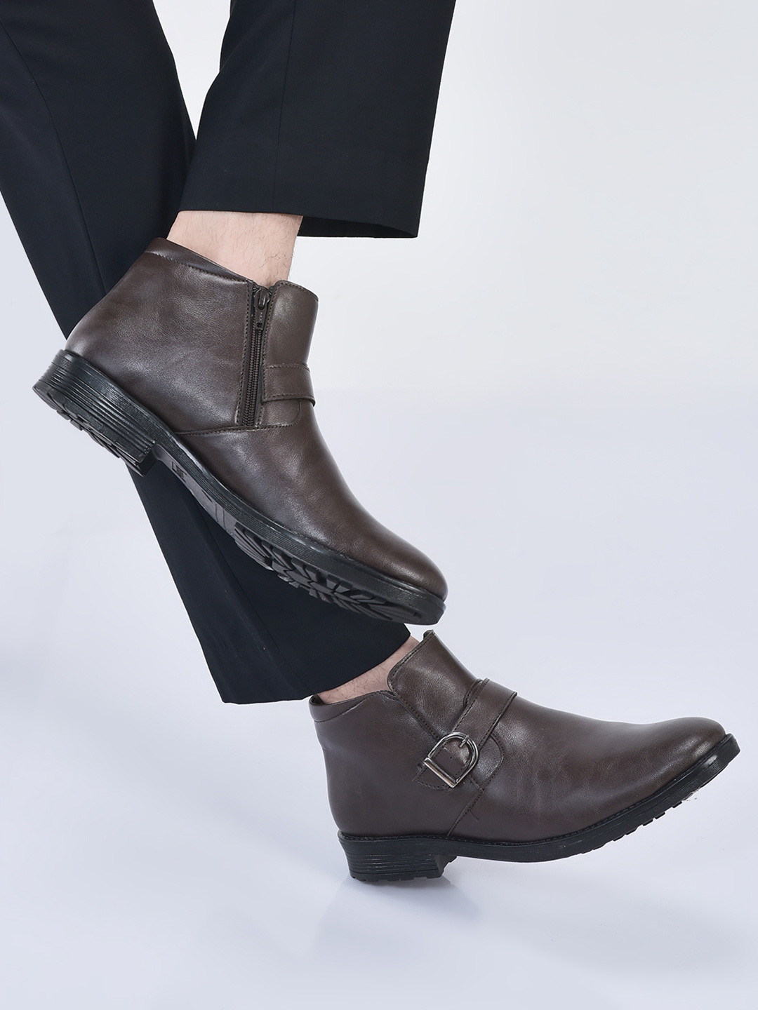 FAUSTO Men Mid Top Monk Straps Boots With Buckle Detail