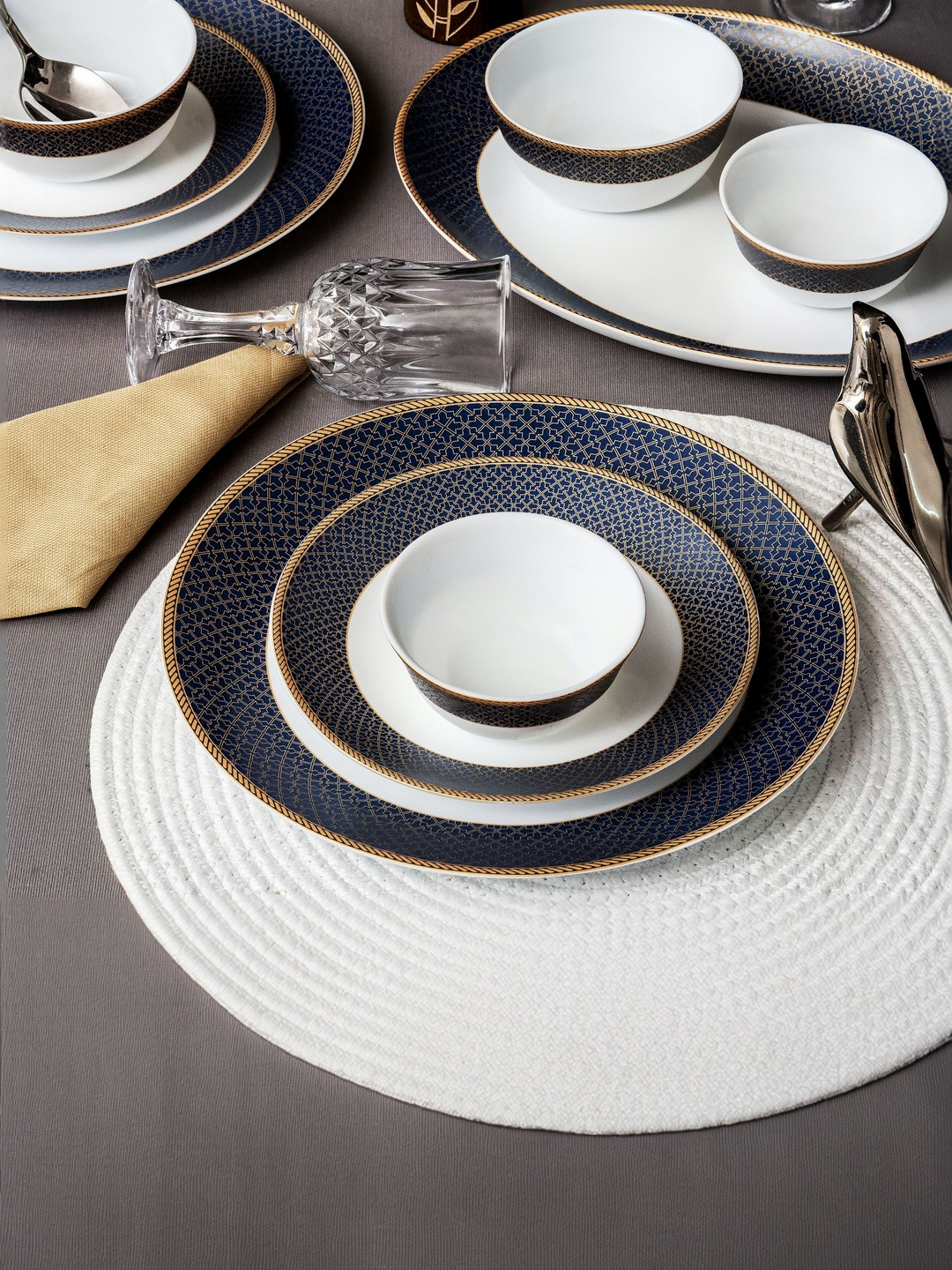 Cello White Geometric Printed 33 Pieces Opalware Dishwasher and Microwave Safe Dinner Set