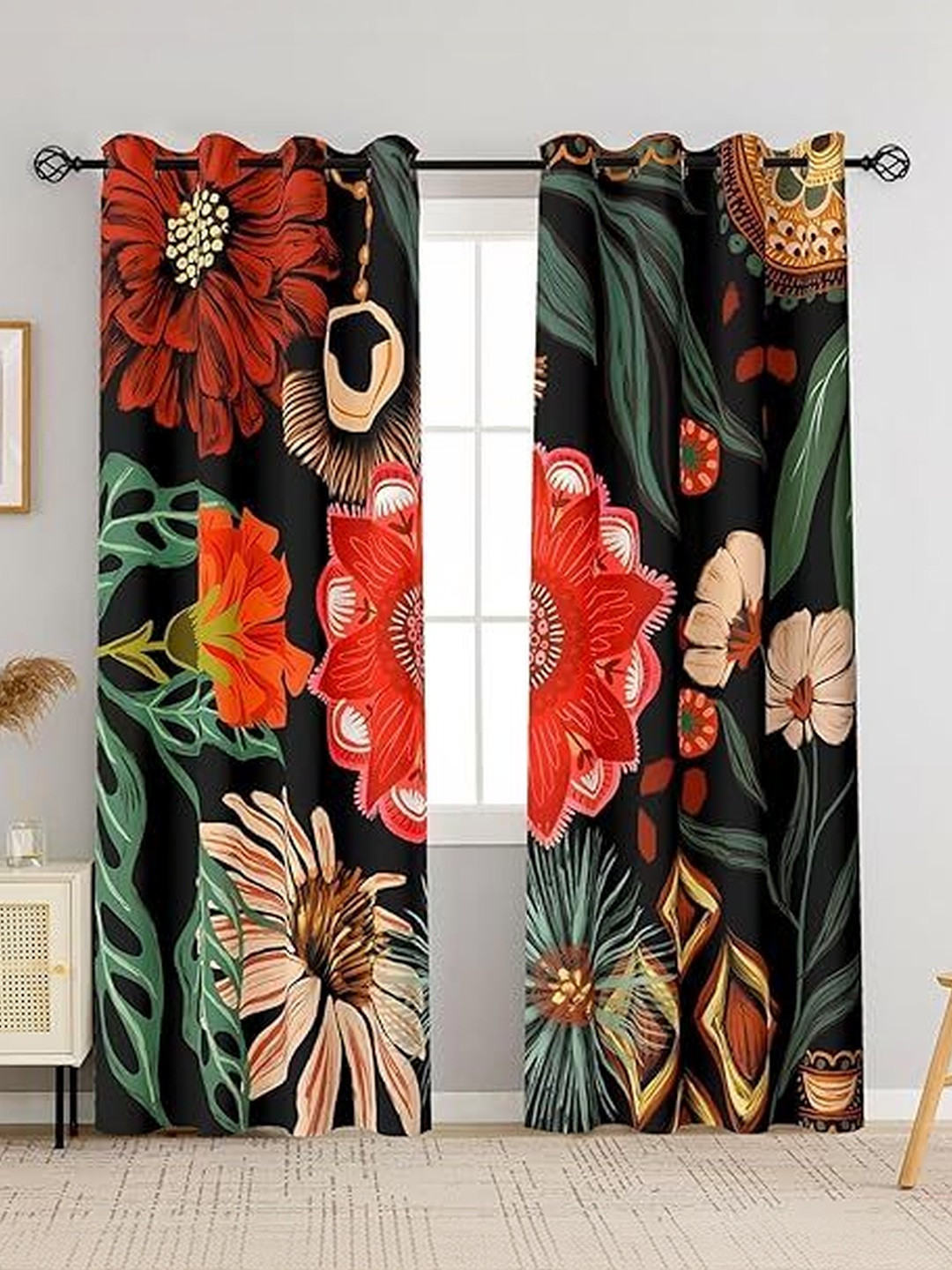 BFAM  Red Floral Thermal Insulated Set of 2 Window Black Out Eyelet Curtains
