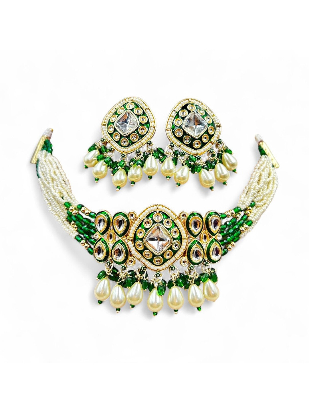 ANTIQUE JEWELLERY Gold-Plated Kundan Stones Studded & Beaded Necklace With Earrings