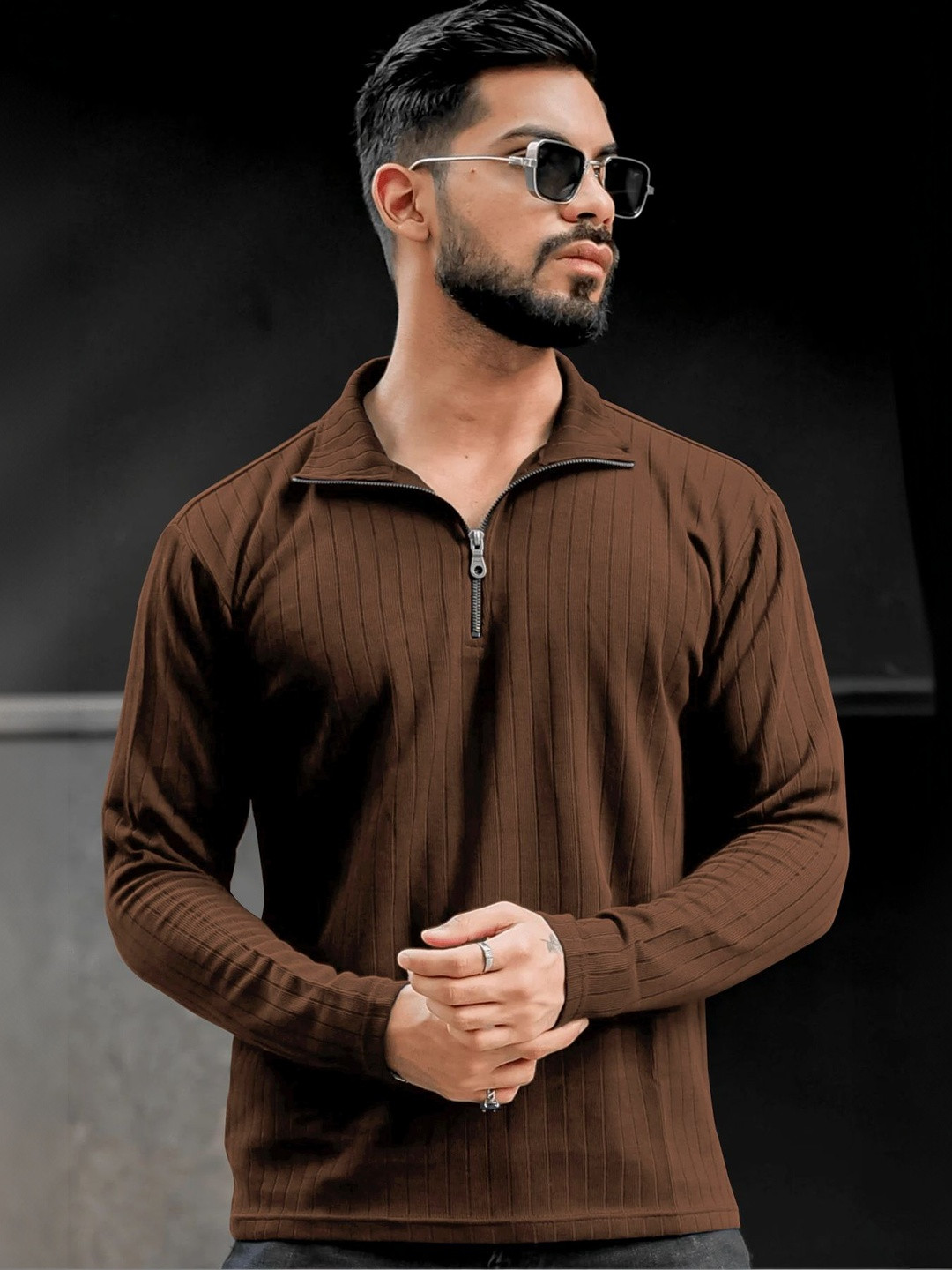 KAJARU Men Regular Fit Striped Self Design Long Sleeve Polo Collar T-shirt