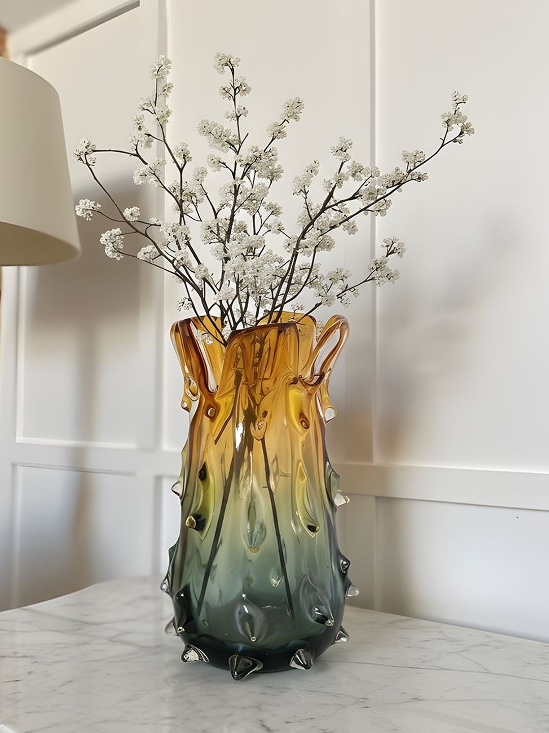 AARVI DECOR STUDIO Sunset Thorn Yellow & Grey Textured Flower Vase