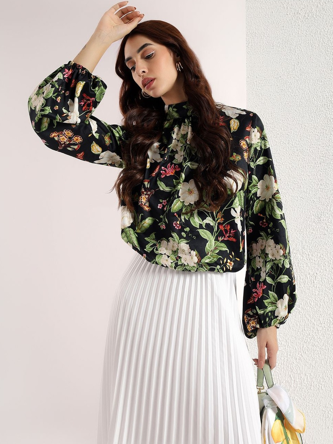 Kibo Floral Print Bishop Sleeves Satin Top