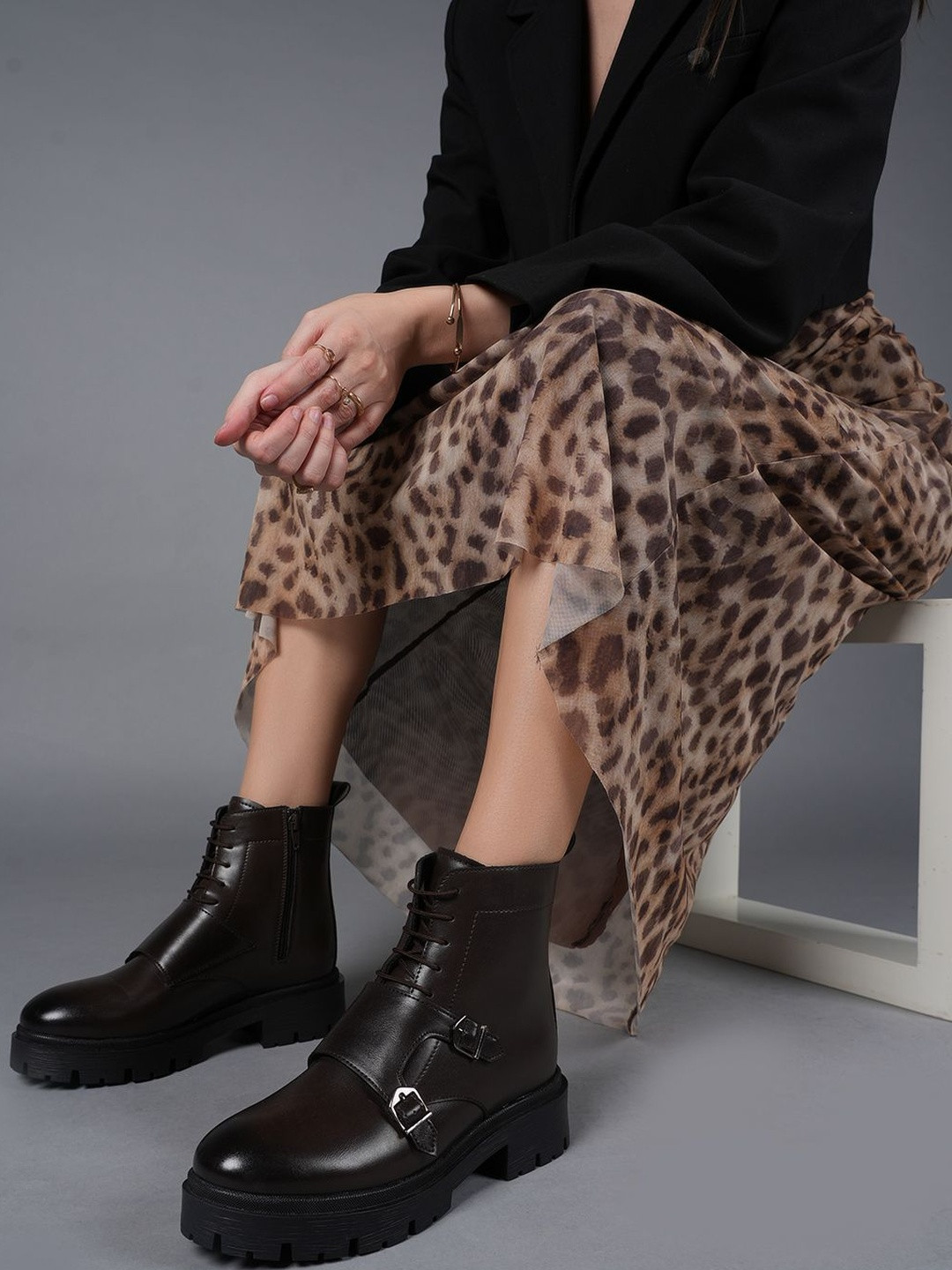 DROP BOLD Women Solid Block Heel Round Toe Monk Straps Boots