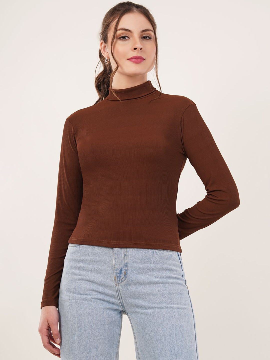Brown Ribbed High Neck Long Sleeves Regular Top