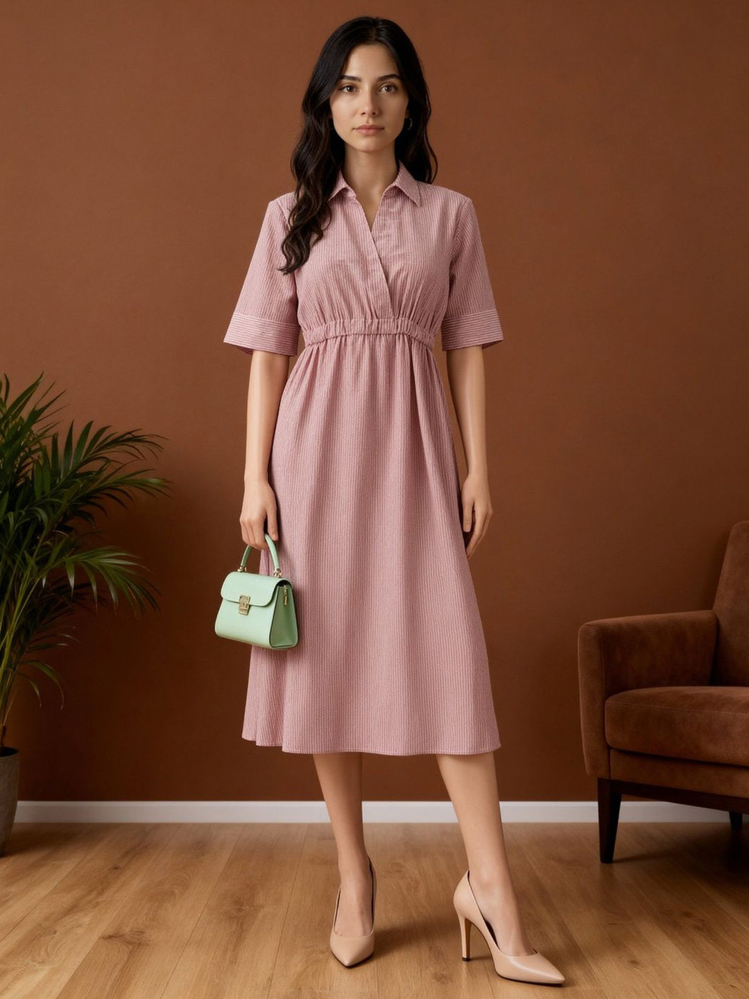 Globus Women Brown Collared V-Neck Short Sleeves Striped Midi Fit & Flare Workwear Dress