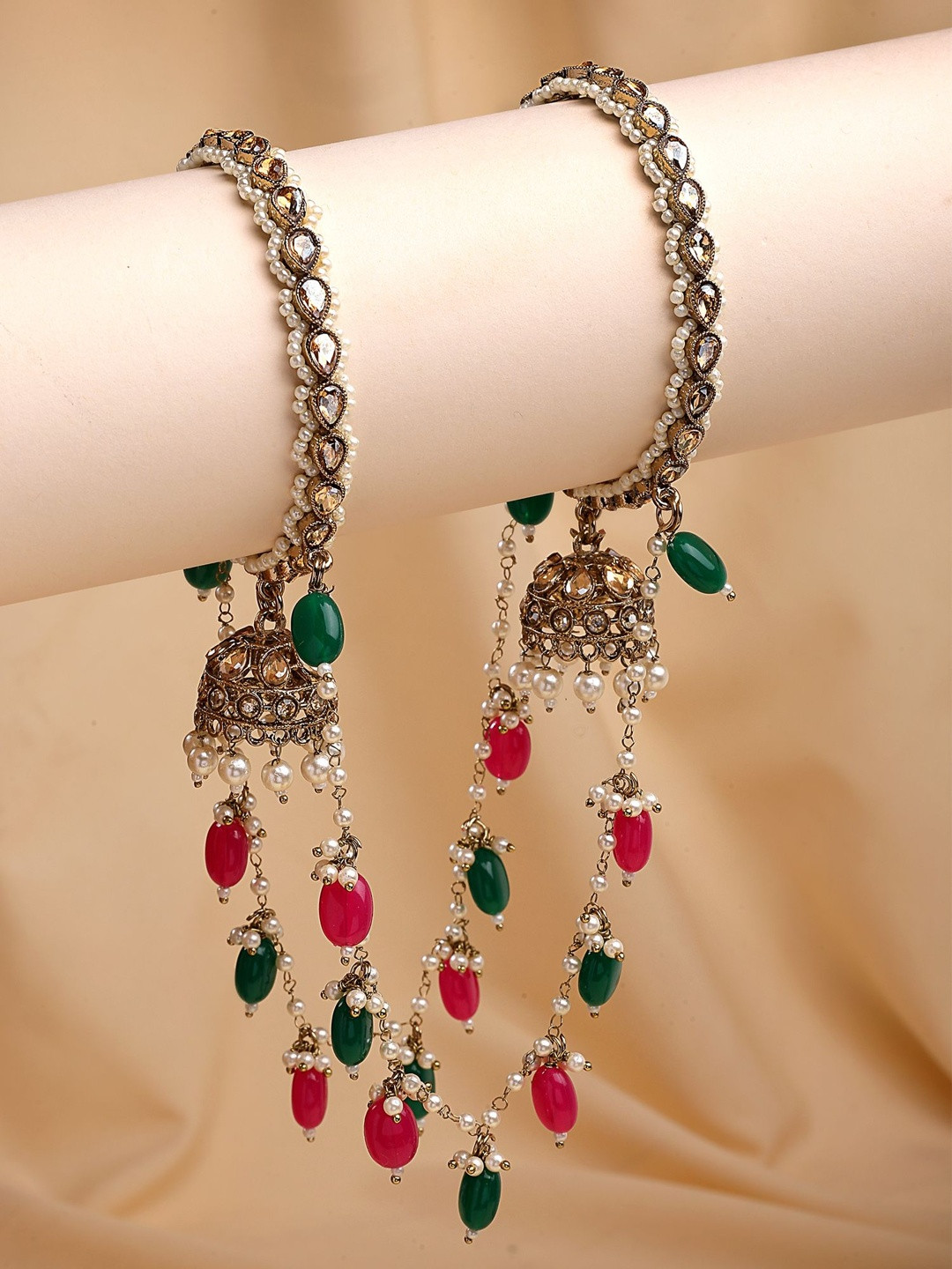 KARATCART Set Of 2 Gold-Plated Stone-Studded & Beaded Bridal Chooda Bangles