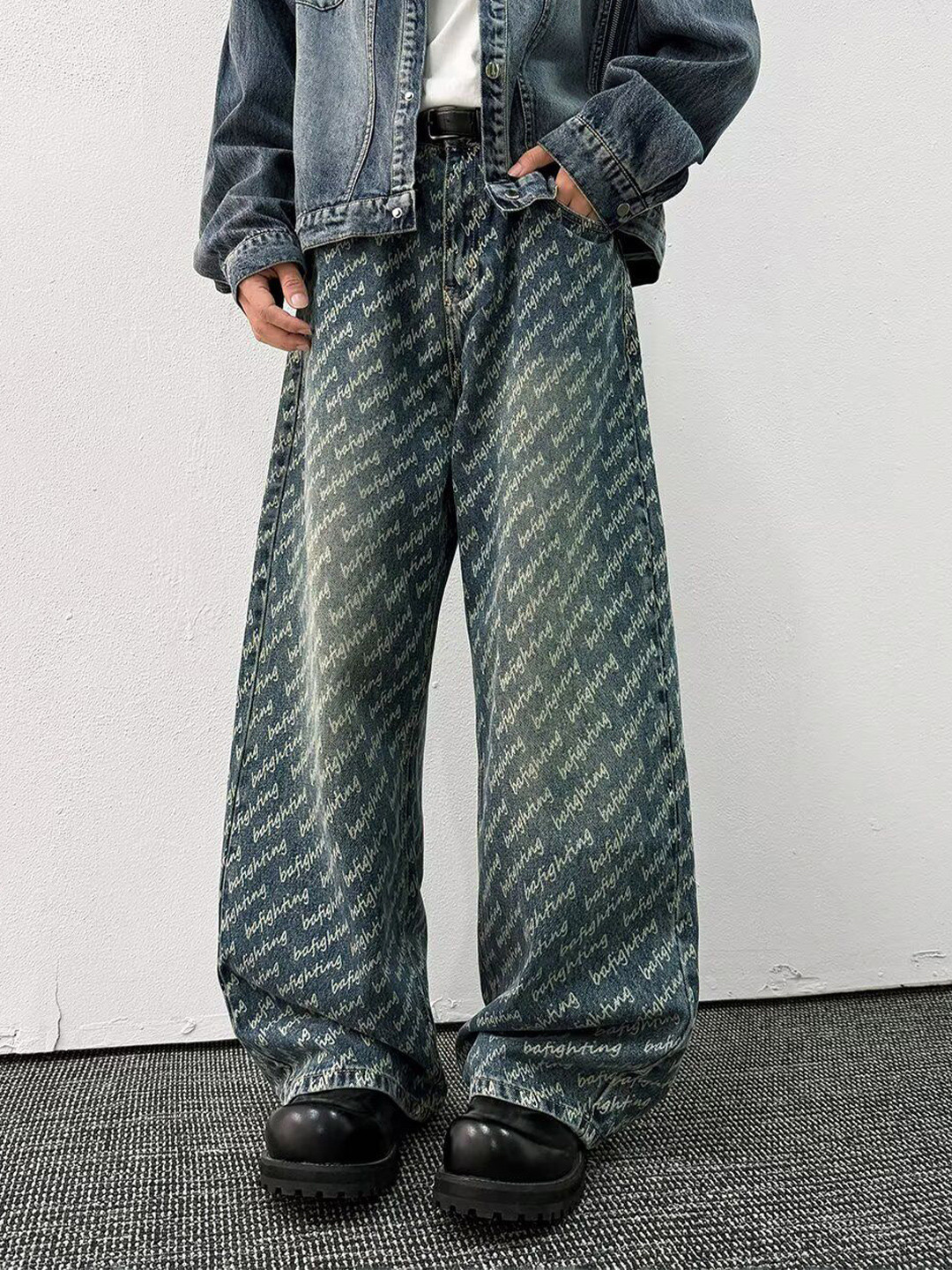 StyleCast x Revolte Men Typography Printed Flared Mid-Rise Light Fade Clean Look Jean