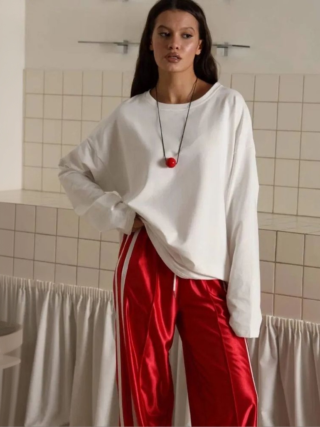 LULU & SKY Printed Round Neck Long Sleeve Pure Cotton Oversized T-shirt