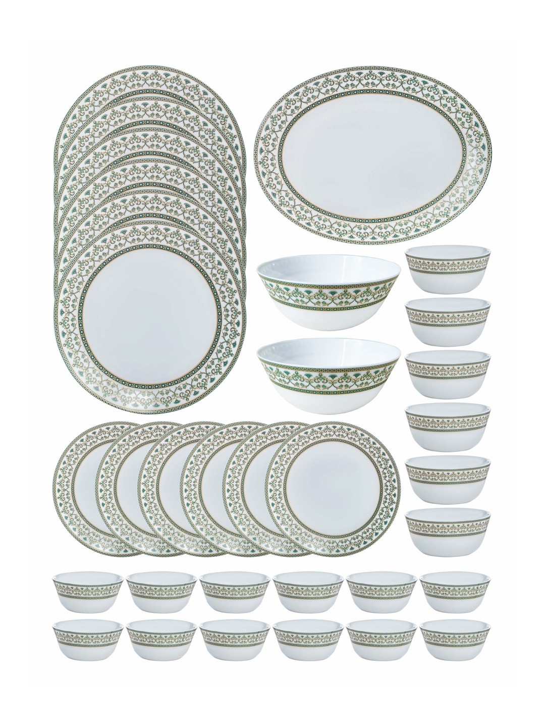 Cello White Geometric 33 Pieces Opalware Dishwasher and Microwave Safe Dinner Set