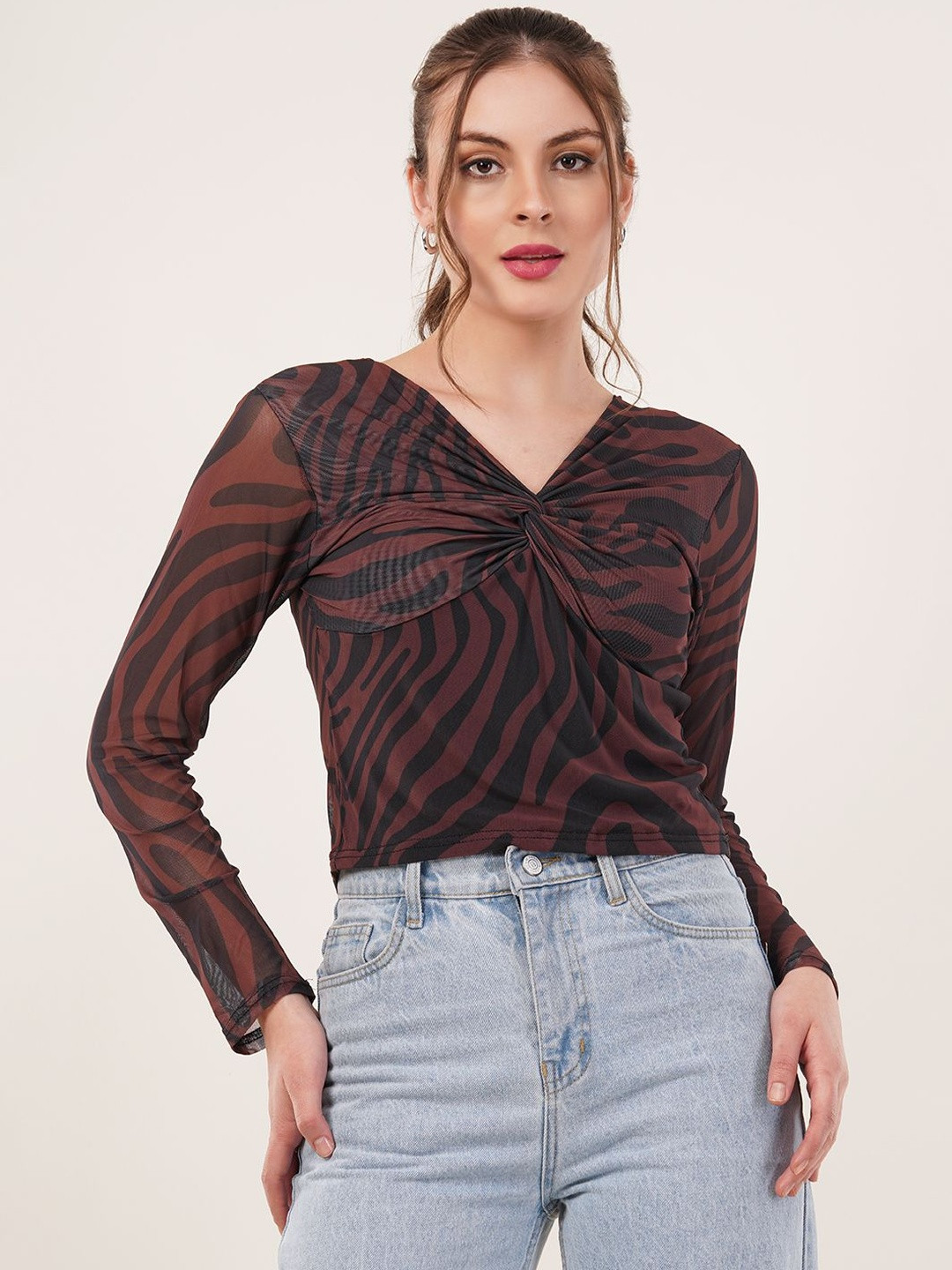 clobug Animal Print Twisted Net Top