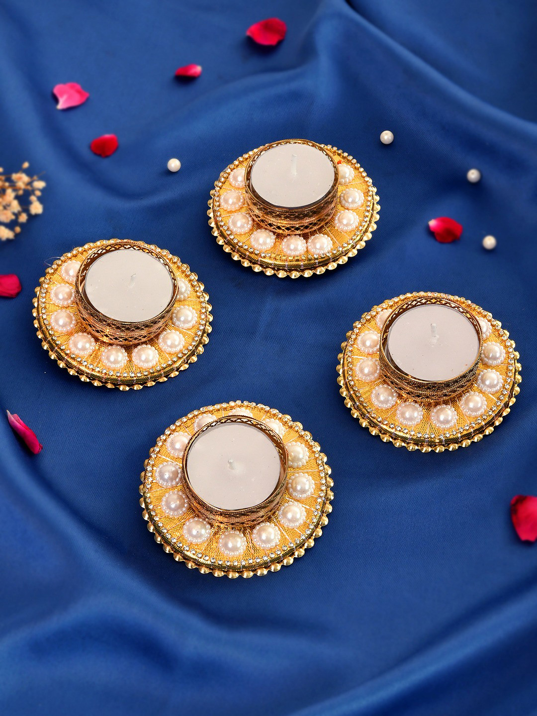 Aapno Rajasthan White 4 Pieces Embellished Decorative Tealight Candle Holders