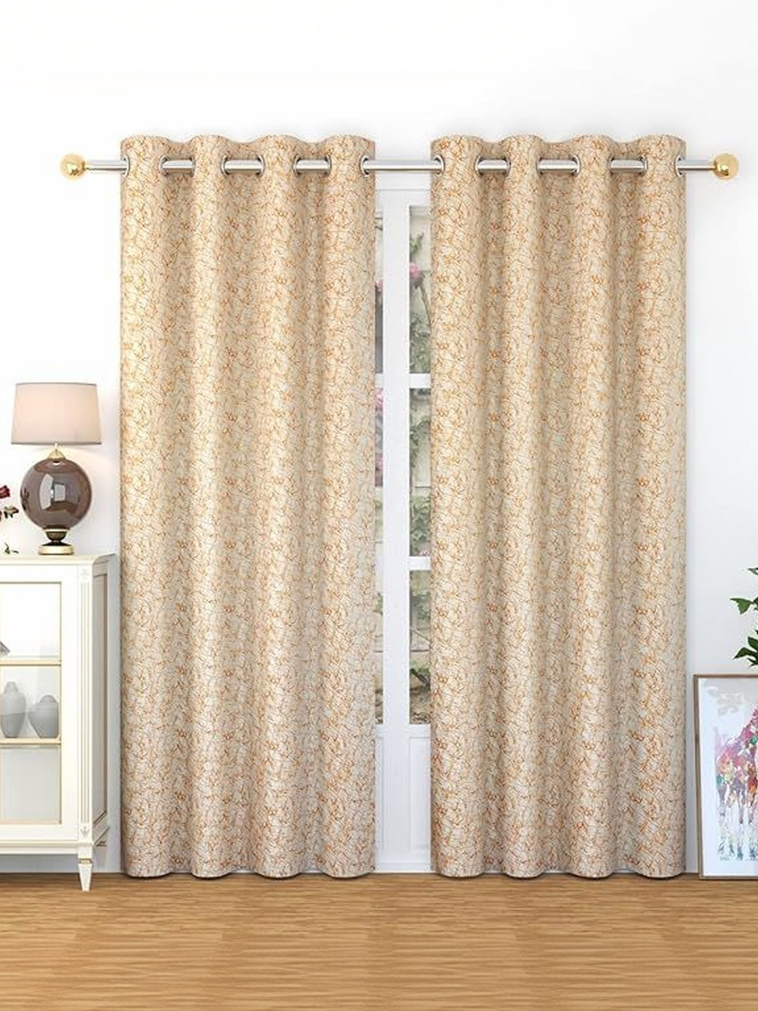 LUZDECOR Gold-Toned Printed Velvet 2 Pieces Door Black Out Eyelet Curtains