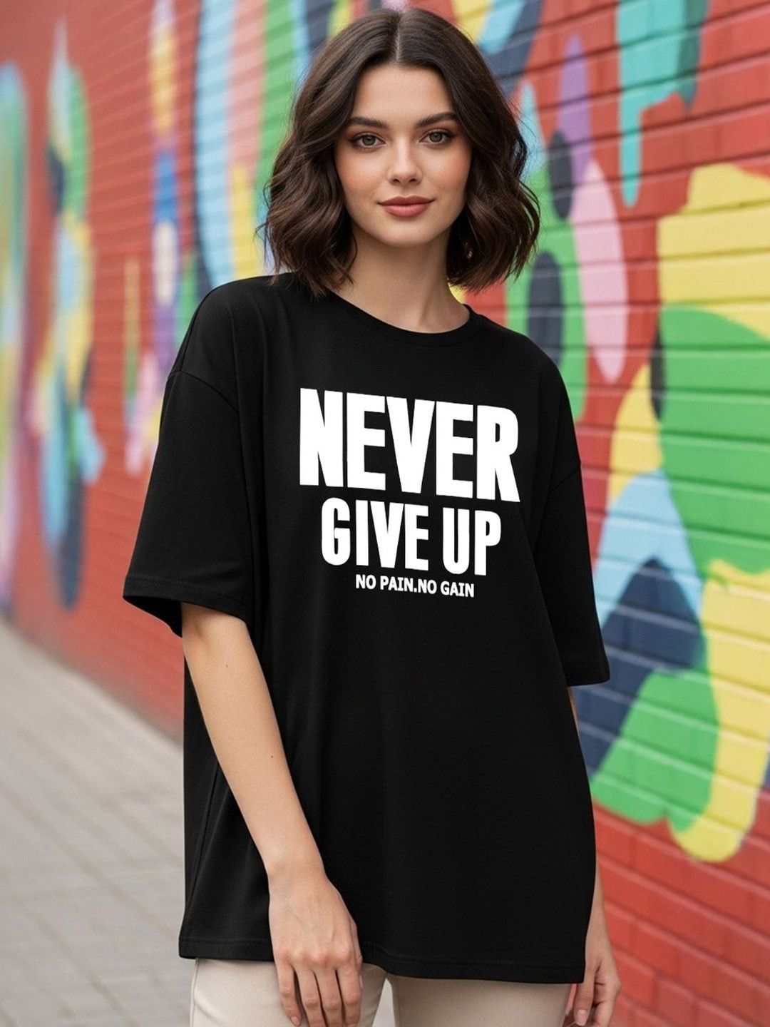 BENNY BROOKS Women Oversized Typography Round Neck T-shirt