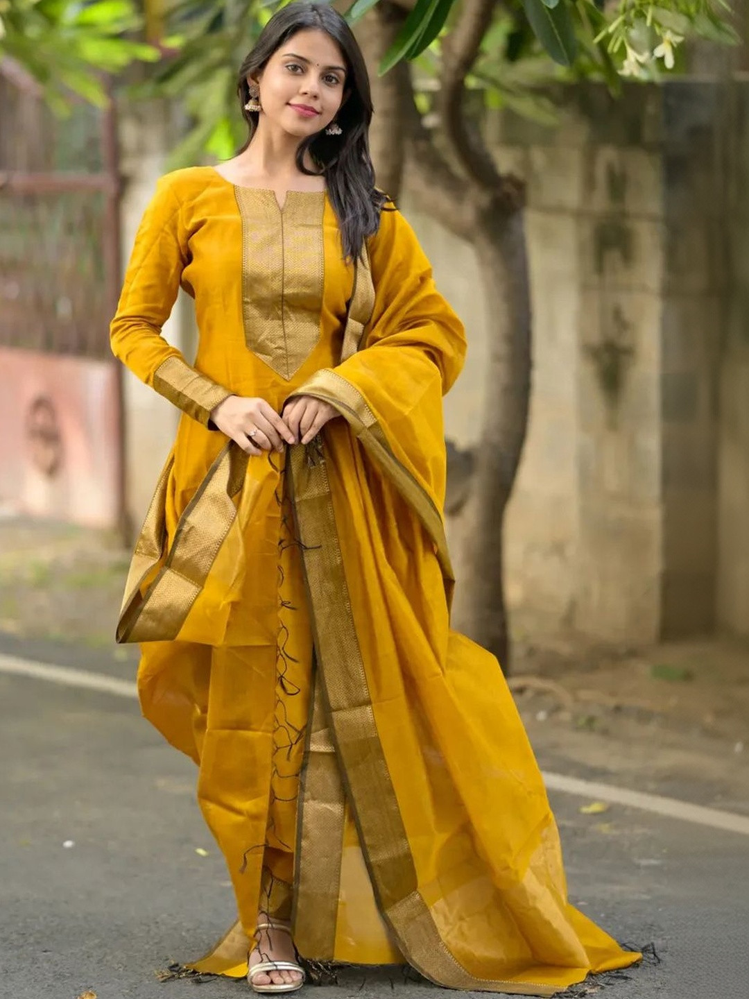 Anni Designer Woven Design Notch Neck Long Sleeves Straight Kurta With Trousers & Dupatta