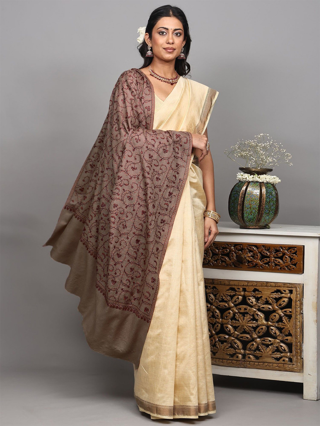 Exotic India Pure Wool Shawl With Sozni Embroidered Jaal From Kashmir