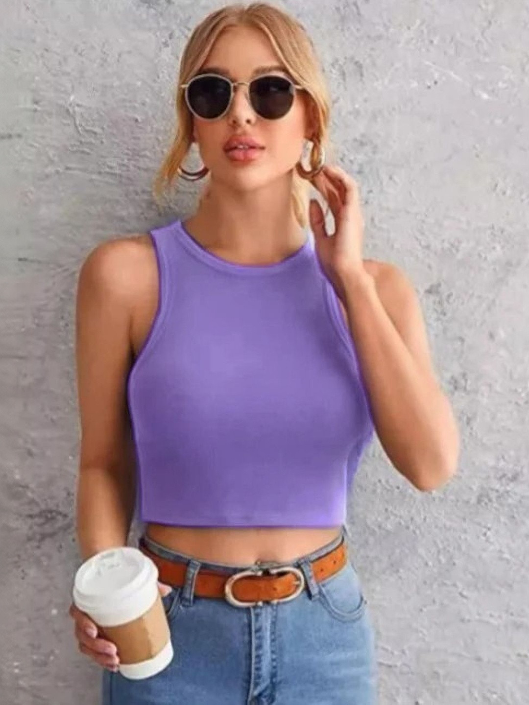 Absorbing Ribbed Round Neck No Sleeves Crop Tank Top