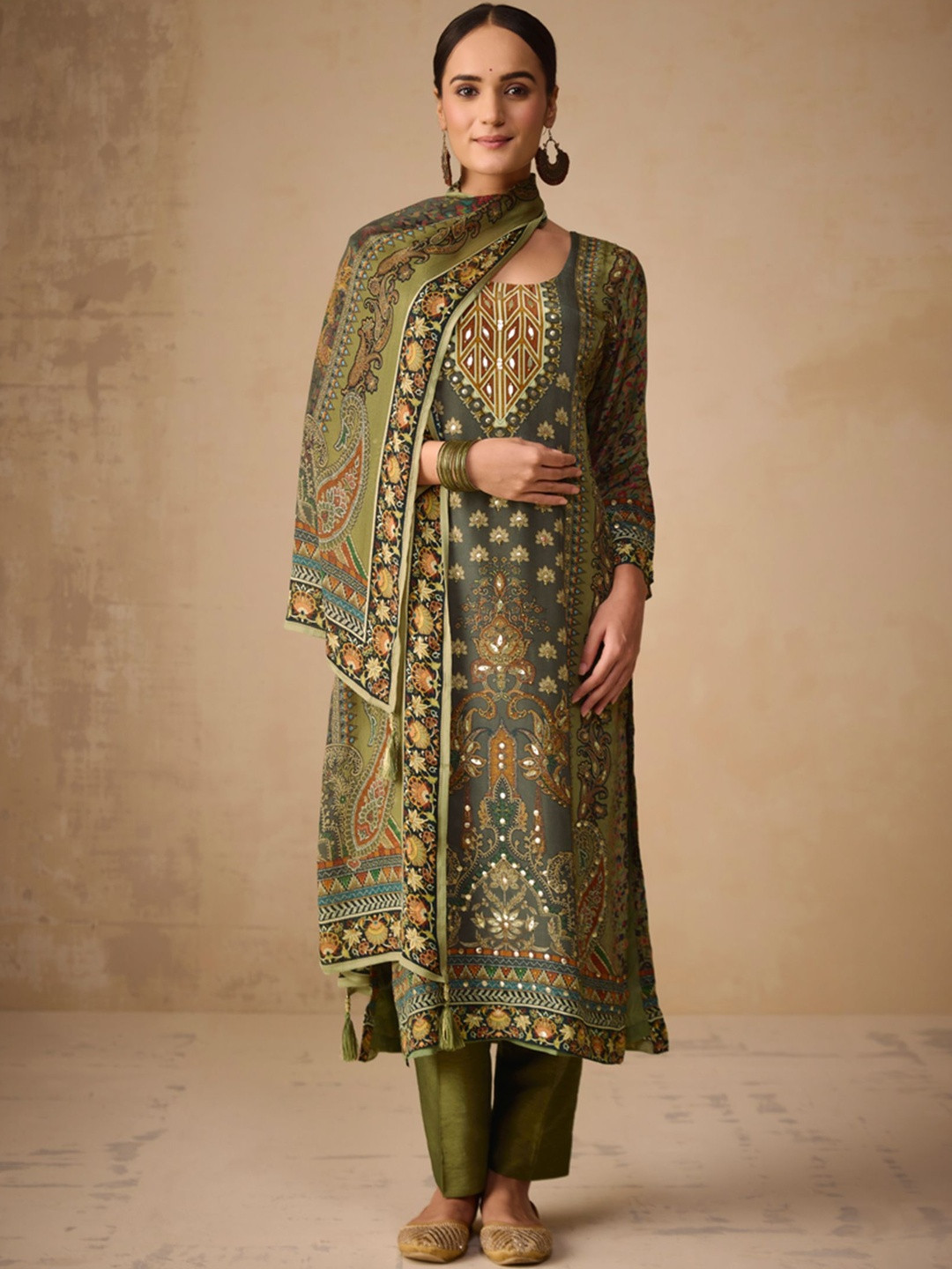 WOMEN PLUS Floral Printed Mirror Work Straight Kurta With Trousers & Dupatta Crepe Set