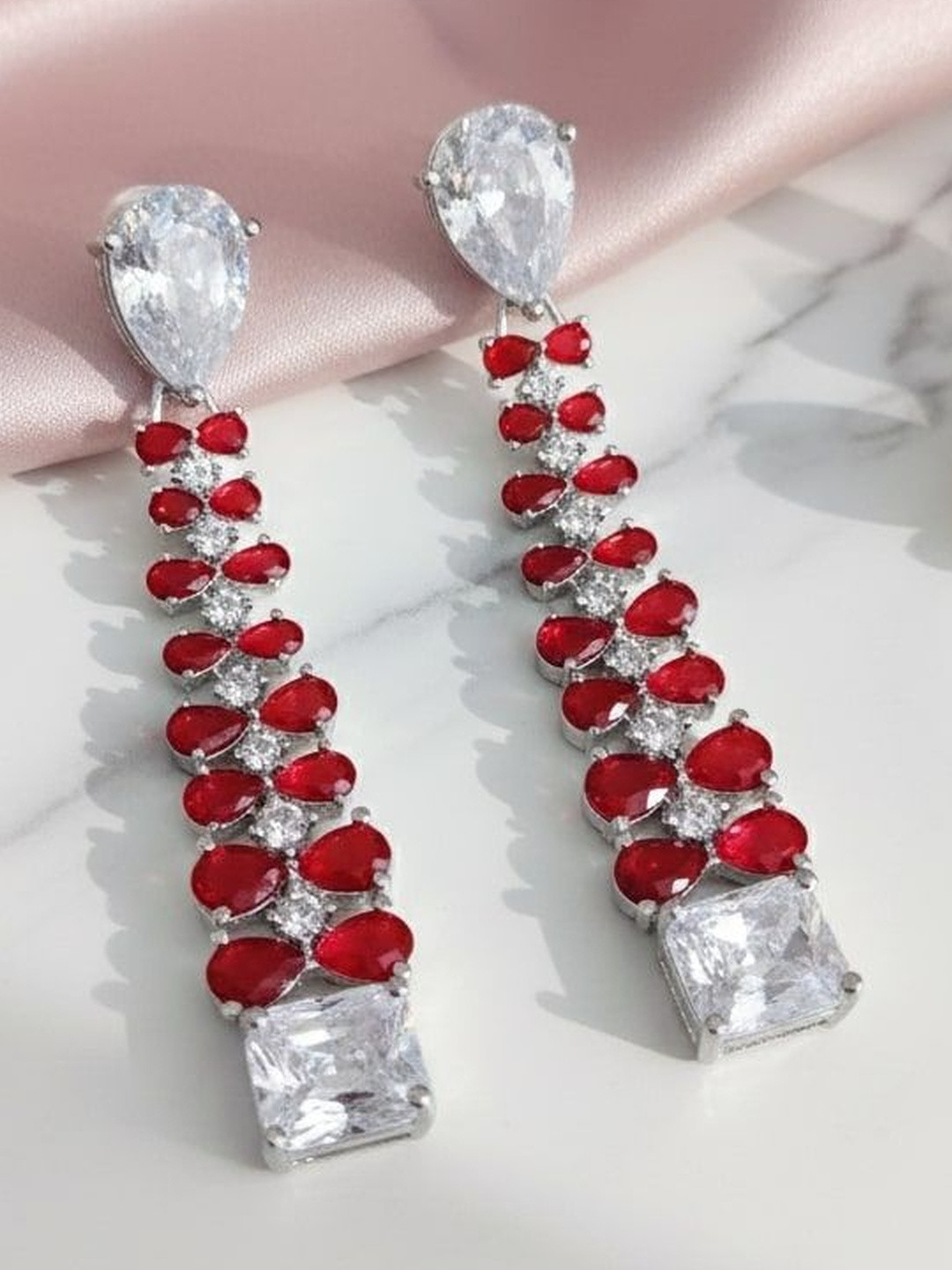 Opal Touch Silver-Toned Geometric Shaped Cubic Zirconia Studded Drop Earrings