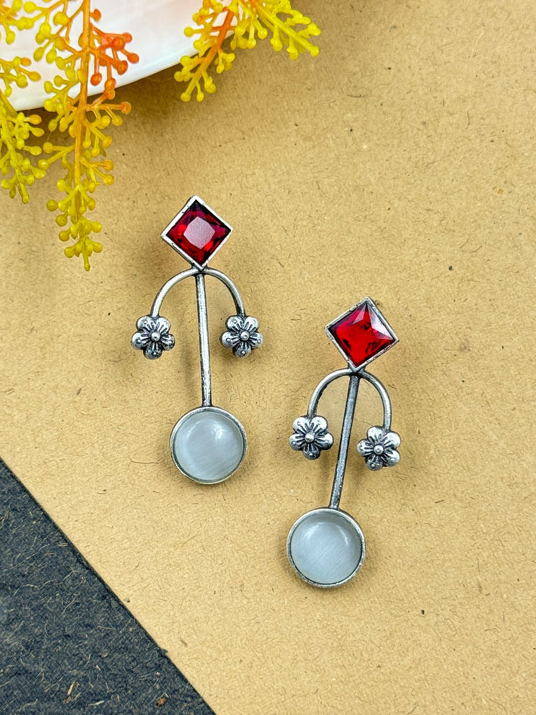 NAMAN ARTS Silver-Plated Artificial Stones Studded Oxidized Diamond Shaped Studs
