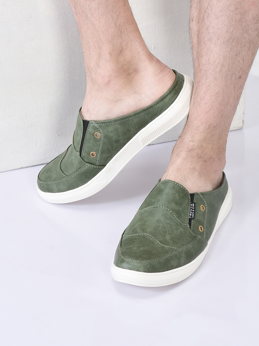 FAUSTO Men Olive Green Lightweight PU Mule Sneakers