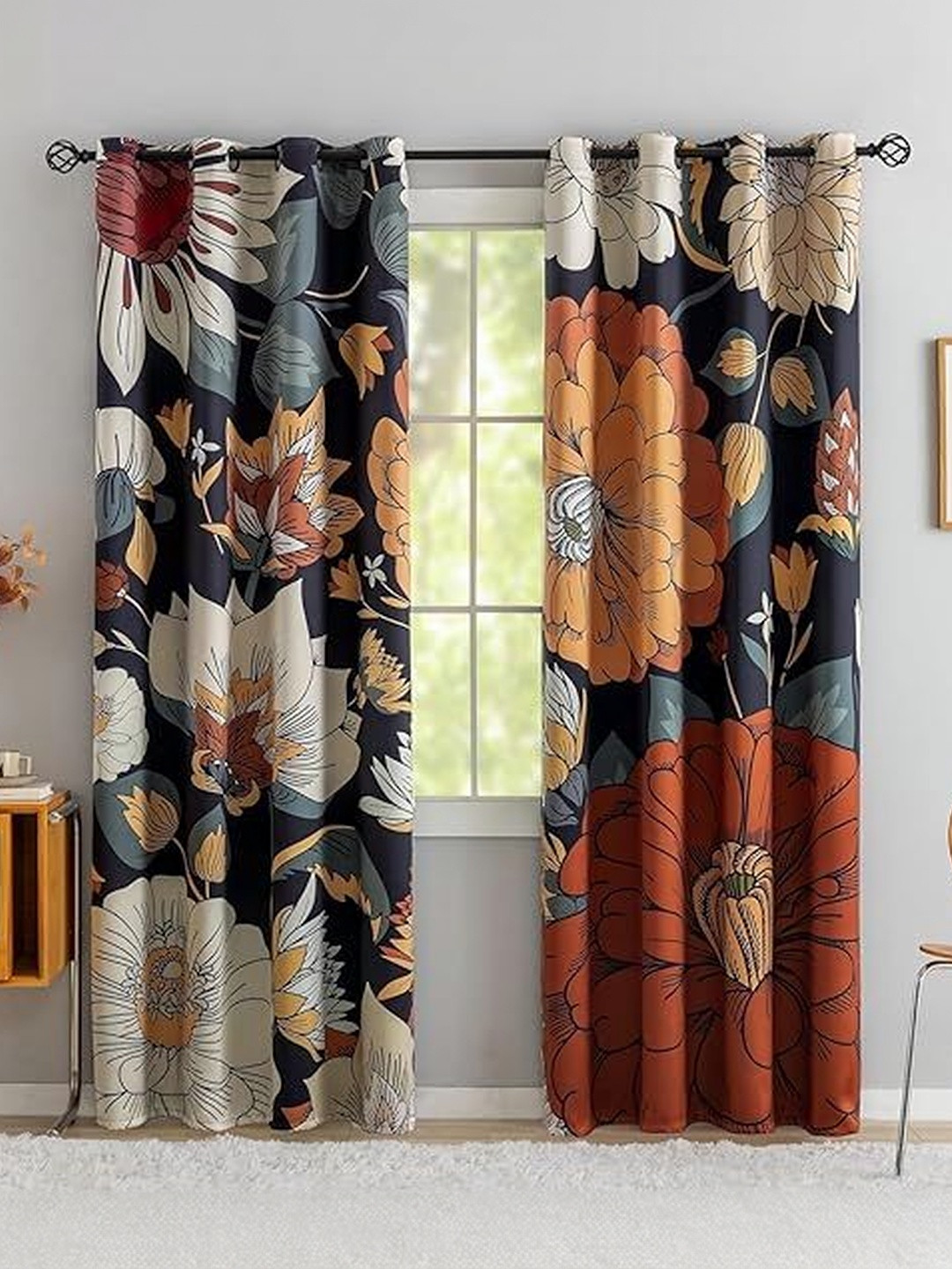 BFAM AUTUMN-BLOOM Red Floral Thermal Insulated 2 Pieces Window Black Out Eyelet Curtains