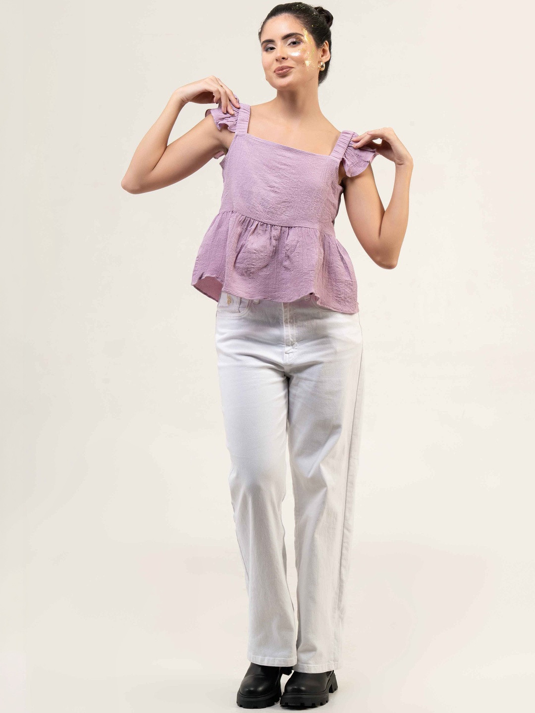 Urban Sundari Flutter Sleeve Ruffles Cotton Peplum Top