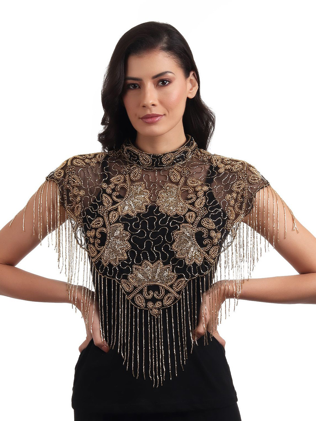 JEDCO Embroidered Embellished Round Neck Short Sleeves Waterfall Shrug