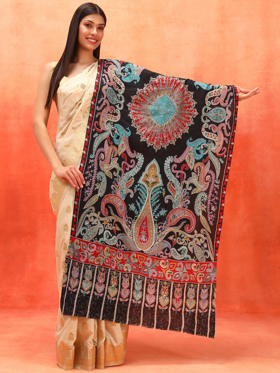 Pashmoda Women Saahtaar Pure Wool Kalamkari Frayed Stole