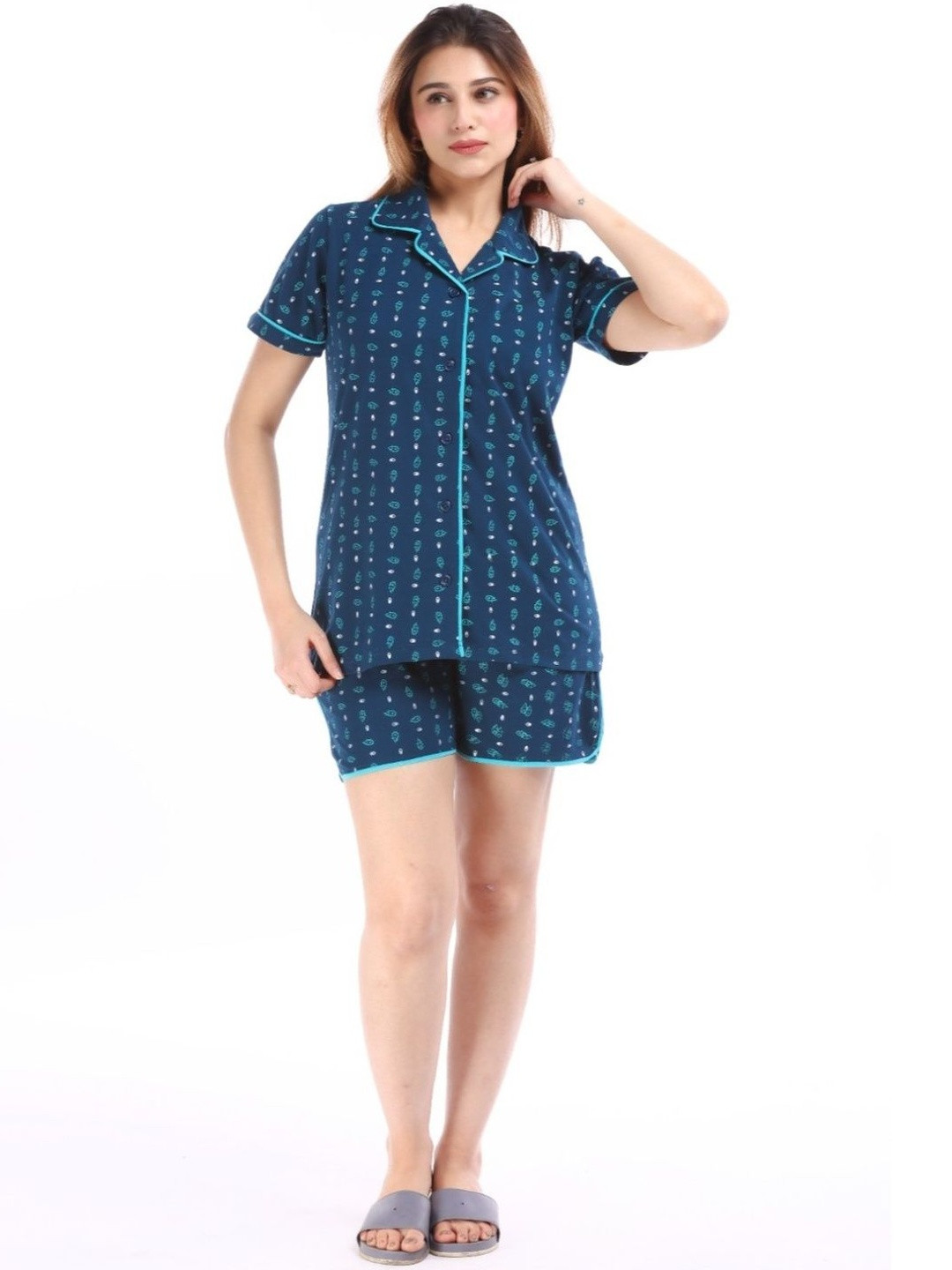 E-MAX Women Printed Lapel Collar Night suit