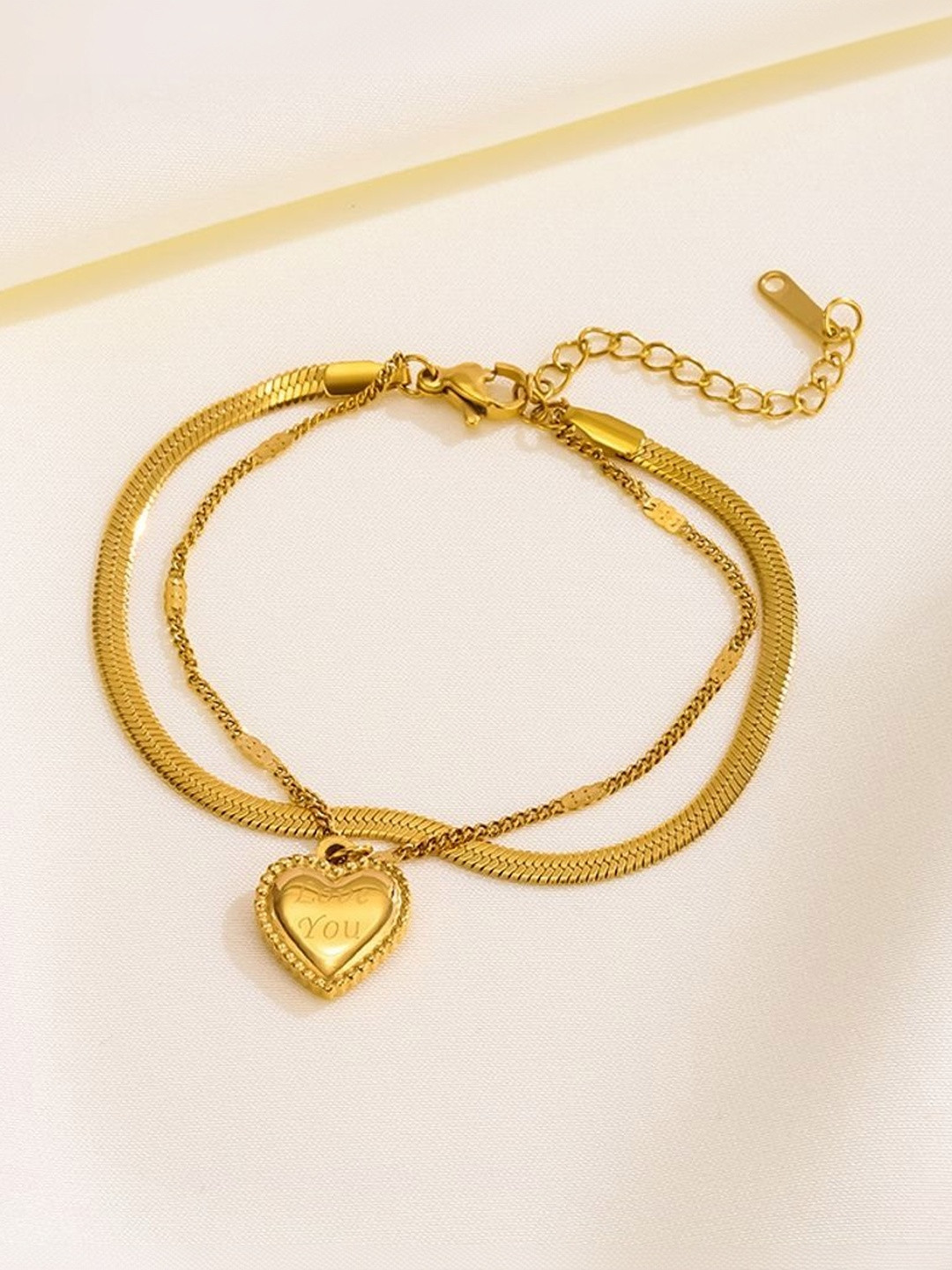 MYKI Stainless Steel Gold-Plated Love Heart Charm Bracelet