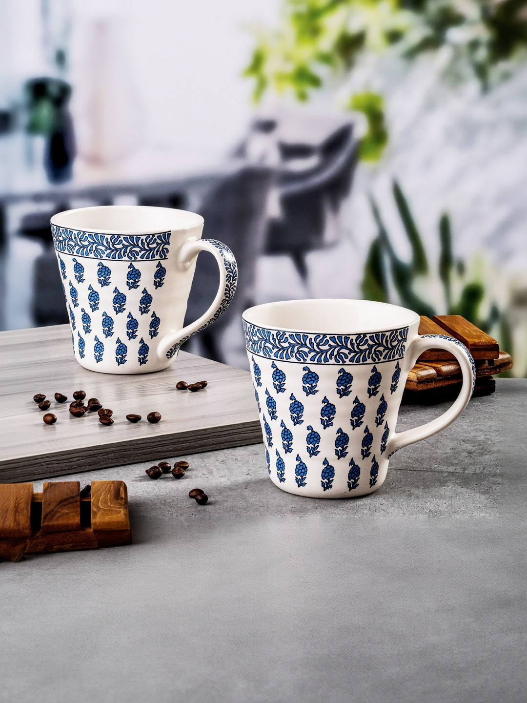 GOODHOMES White & Blue 2 Pieces Paisley Printed Stoneware Glossy Mugs