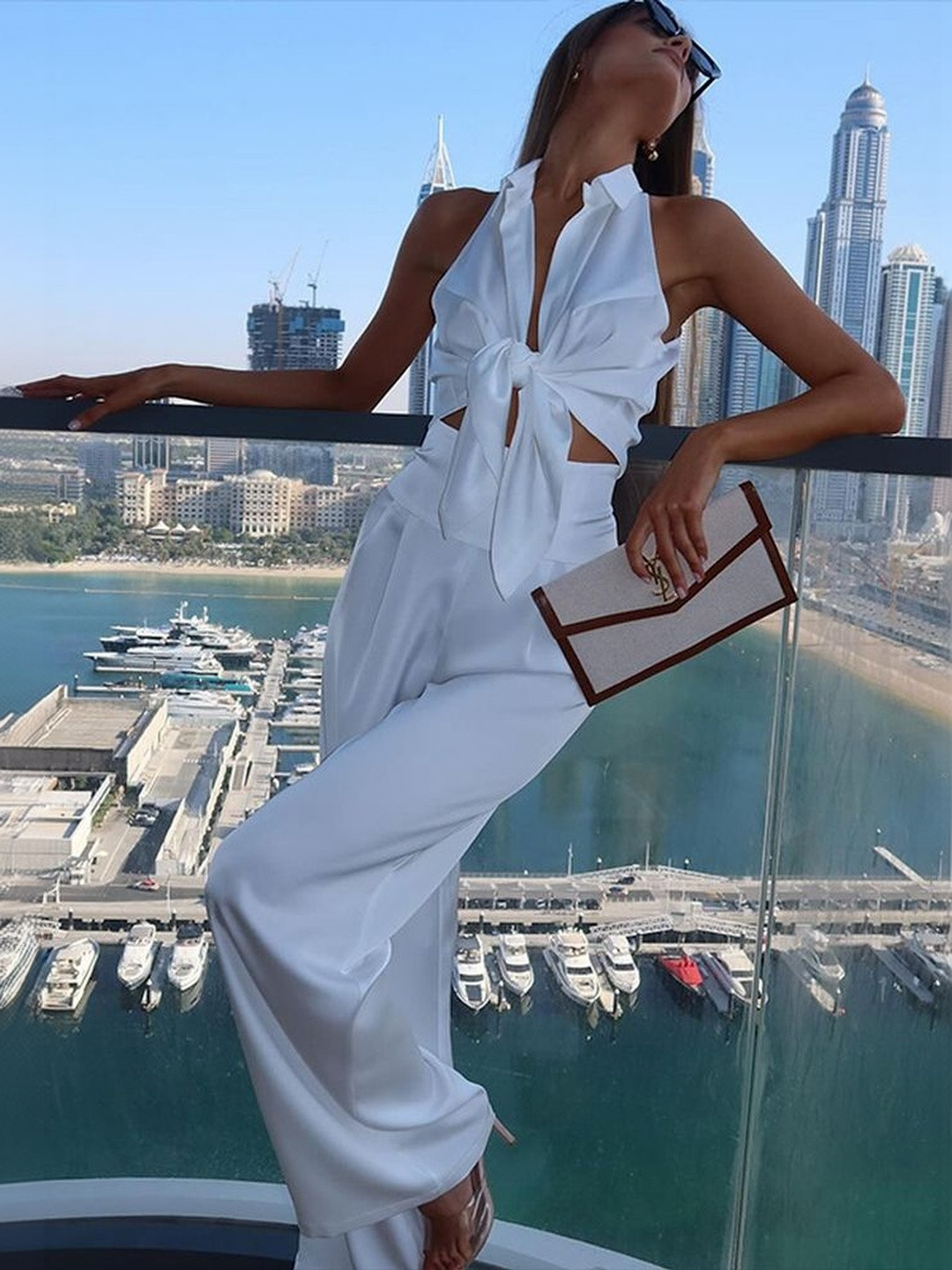 LULU & SKY Shirt Collar Sleeveless Tie-Front Top With Trousers